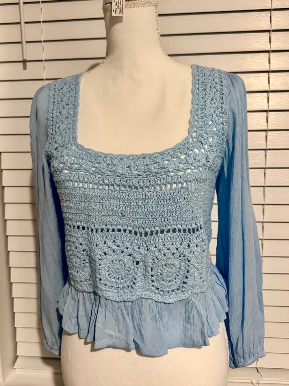 SIM & SAM Cornflower Crochet Square Neck Peplum Top XL Fairy Cottagecore Boho